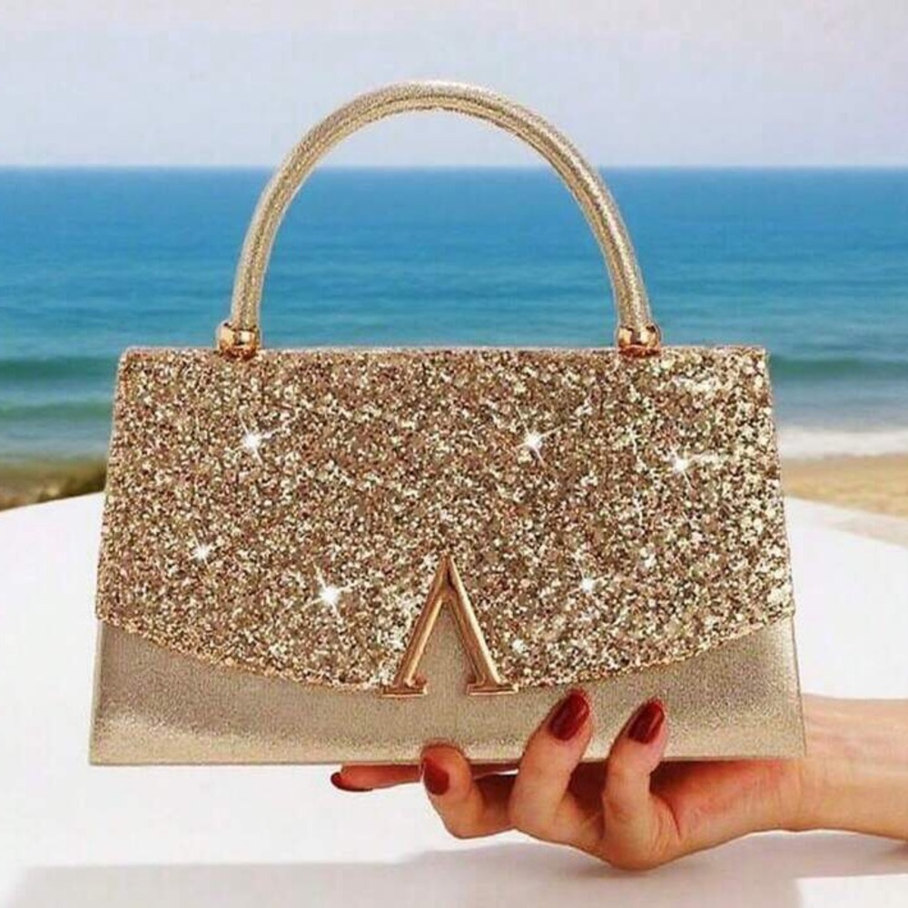 Gold Glitter Top-Handle Evening Bag